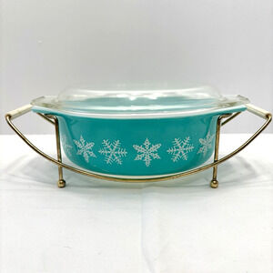 VTG Pyrex Turquoise Snowflake Casserole Dish 1-1/2 Quart #043 With Lid & Cradle